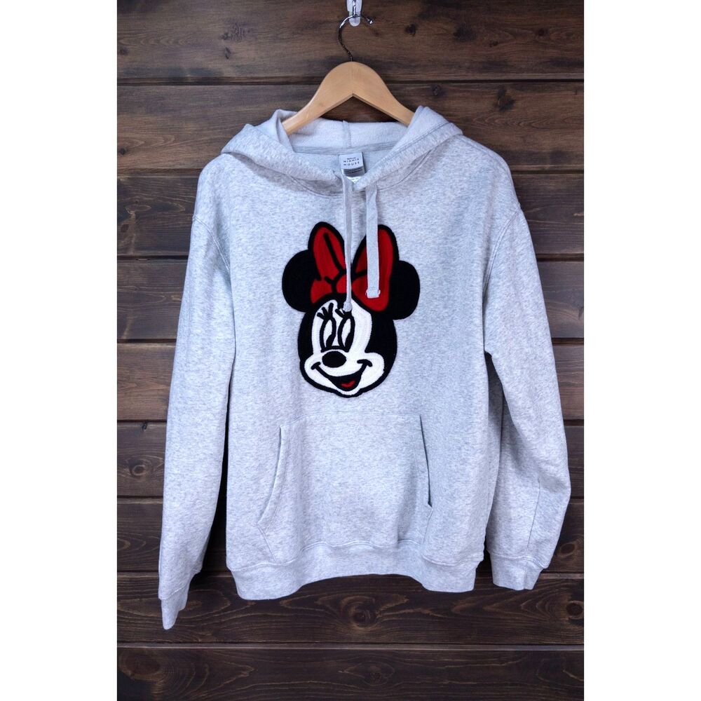 Disney Minnie Mouse Heather Gray Chenille Applique Graphic Hoodie Womens Size XL